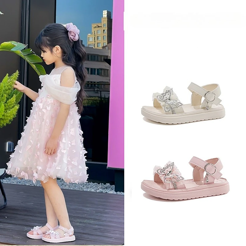 Summer Girls Lace Sandals Sweet Lolita Children Princess Shoes Wedding Party Causal Kids Dress Platform Sandals with Rhinestone