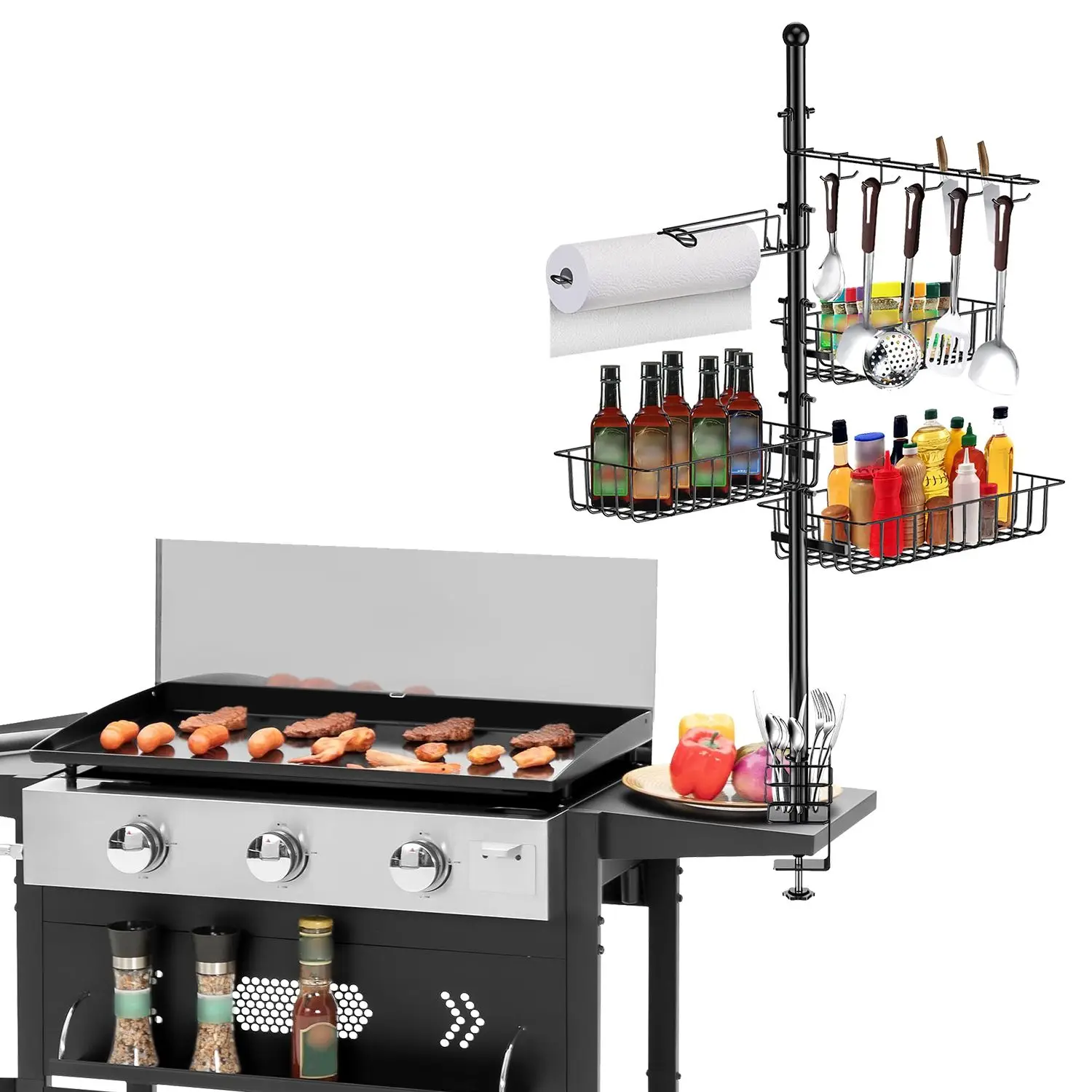 

For For Griddle Caddy Standing Grill Utensil Caddy With Paper Towel Holder Hook Baskets BBQ Accessories Storage Rack Vertical St