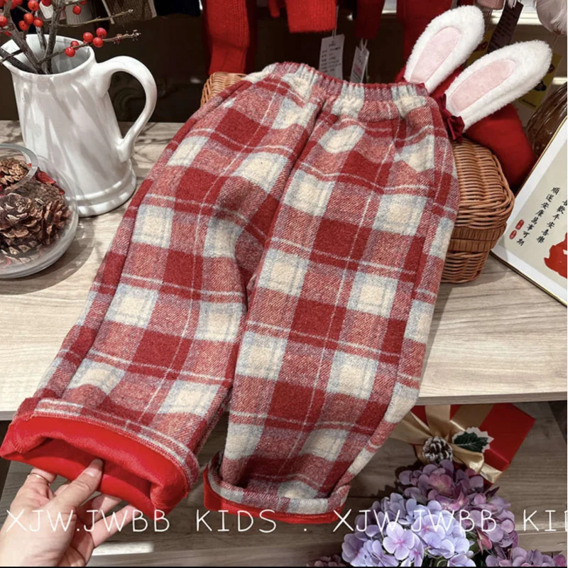 

Children's Trousers2024Winter New Thickened Plaid for Boys and Girls Woolen Pants Baby Leisure Straight-Leg Pants Tide