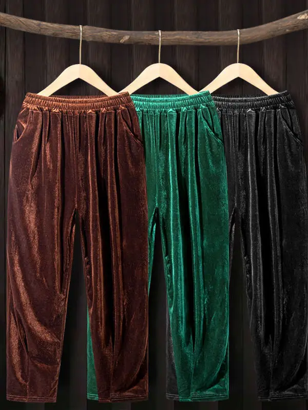 Slim Fit Velvet Wide Leg Pants for Middle-Aged And Elderly Women Early Autumn New Style Elastic Waist Draped Fat MM Thin Stra...