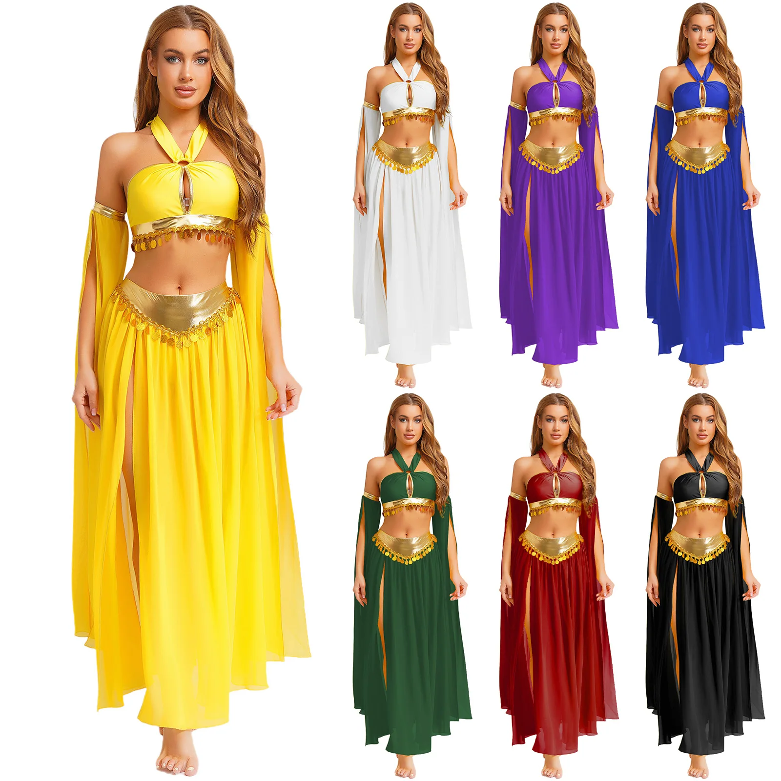 Womens Belly Dance Sets Ballerina Performance Costume Sequins Crop Top with Side Slit Skirt Outfits Fairy Tale Stage Dress Up