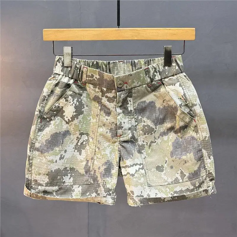 Summer Camouflage Workwear Men's Outdoor Casual Elastic Waist Shorts Four Parts Anti-Scratch Wear Resistant Five Parts Pants