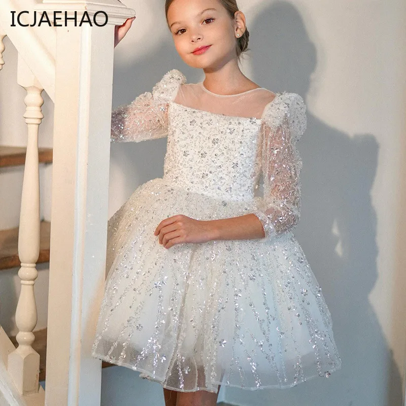 

Children Princess Sequined Luxurious First Birthday Party White Dresses for Girls Infants Formal Occasions Ball Gown Outfit 2024