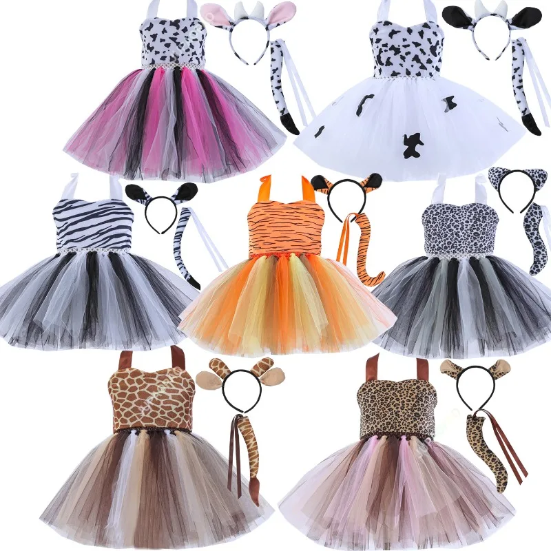 Baby Girls Halloween Animal Cosplay Costume Kids Forest Theme Giraffe Cows Tiger Leopard Zebra Print Tutu Dress Birthday Party