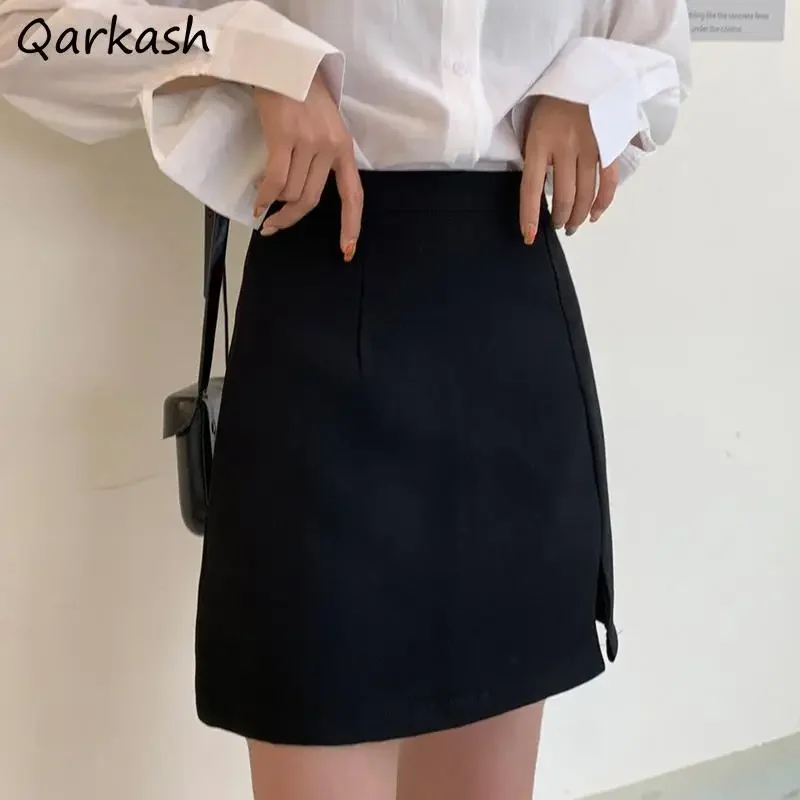 Skirts Women Side-slit Feminine Ulzzang Pure Elegant Chic Office-look All-match A-line Leisure Above Knee XS-3XL High Waisted