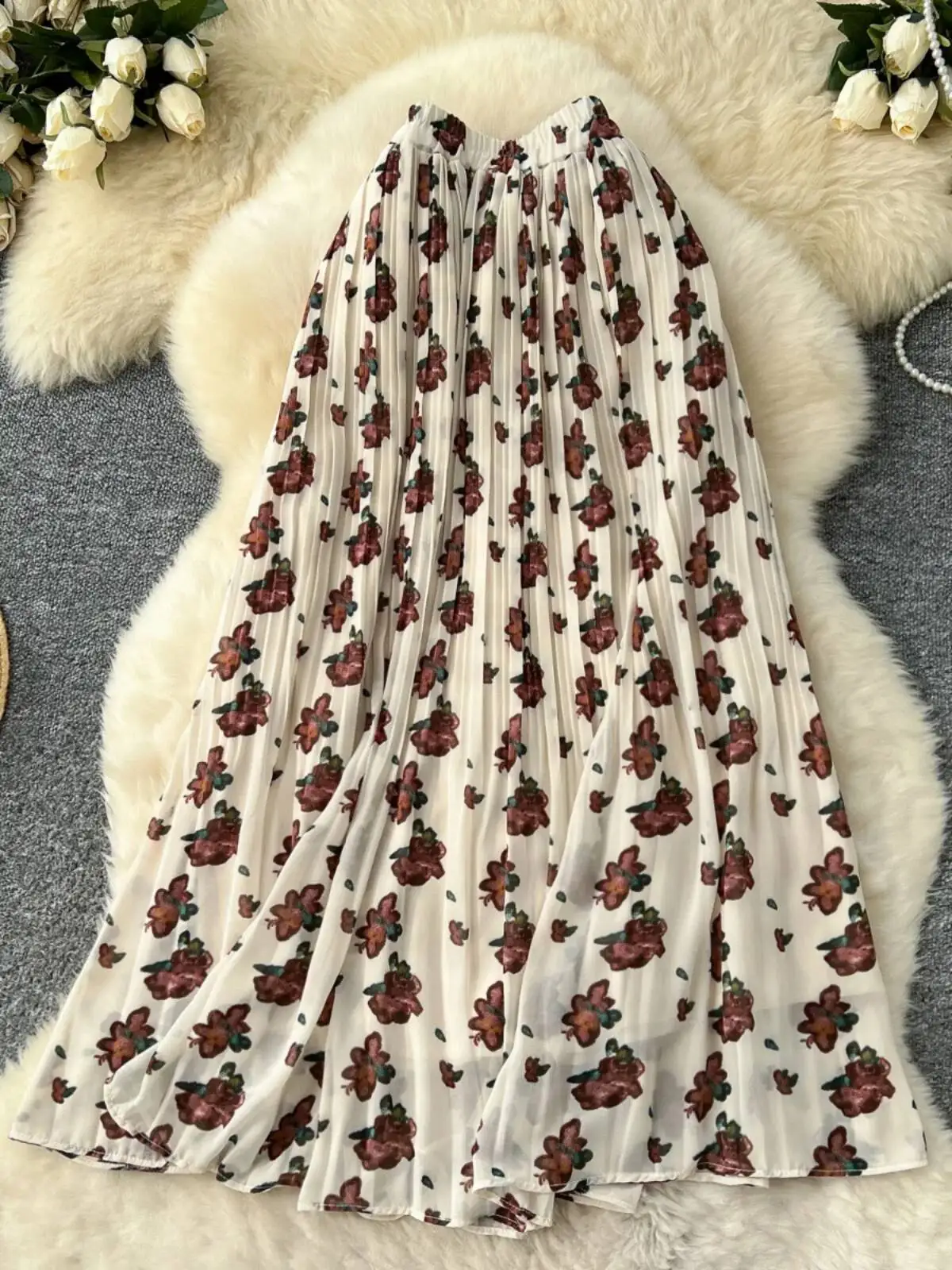 Summer Beach Skirts Women Floral Chiffon Midi Skirt Sweet High Waisted Pleated A-line Casual Korean Skirts