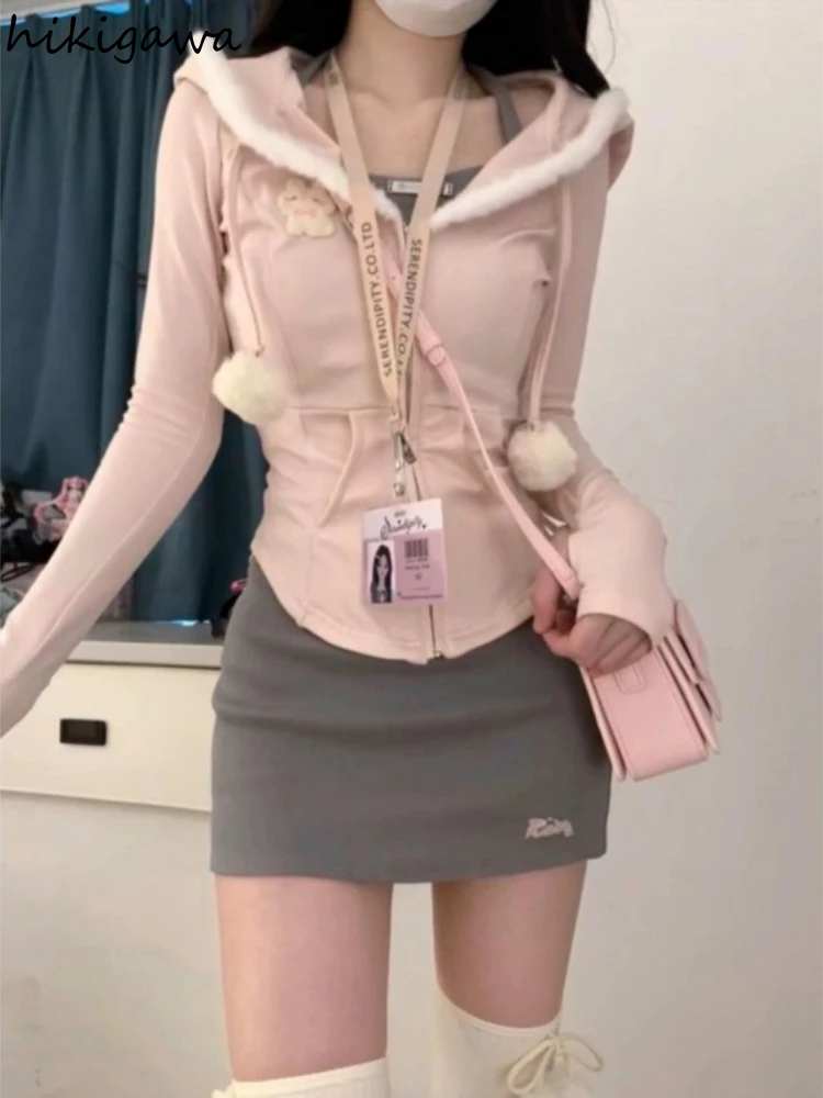 Women Clothing Chic 3 Piece Sets Mini Skirt Outfits Hooded Zipper Sweatshirt Tops Tunic Vest Bodycon Skirts Suit Korean Y2k Set