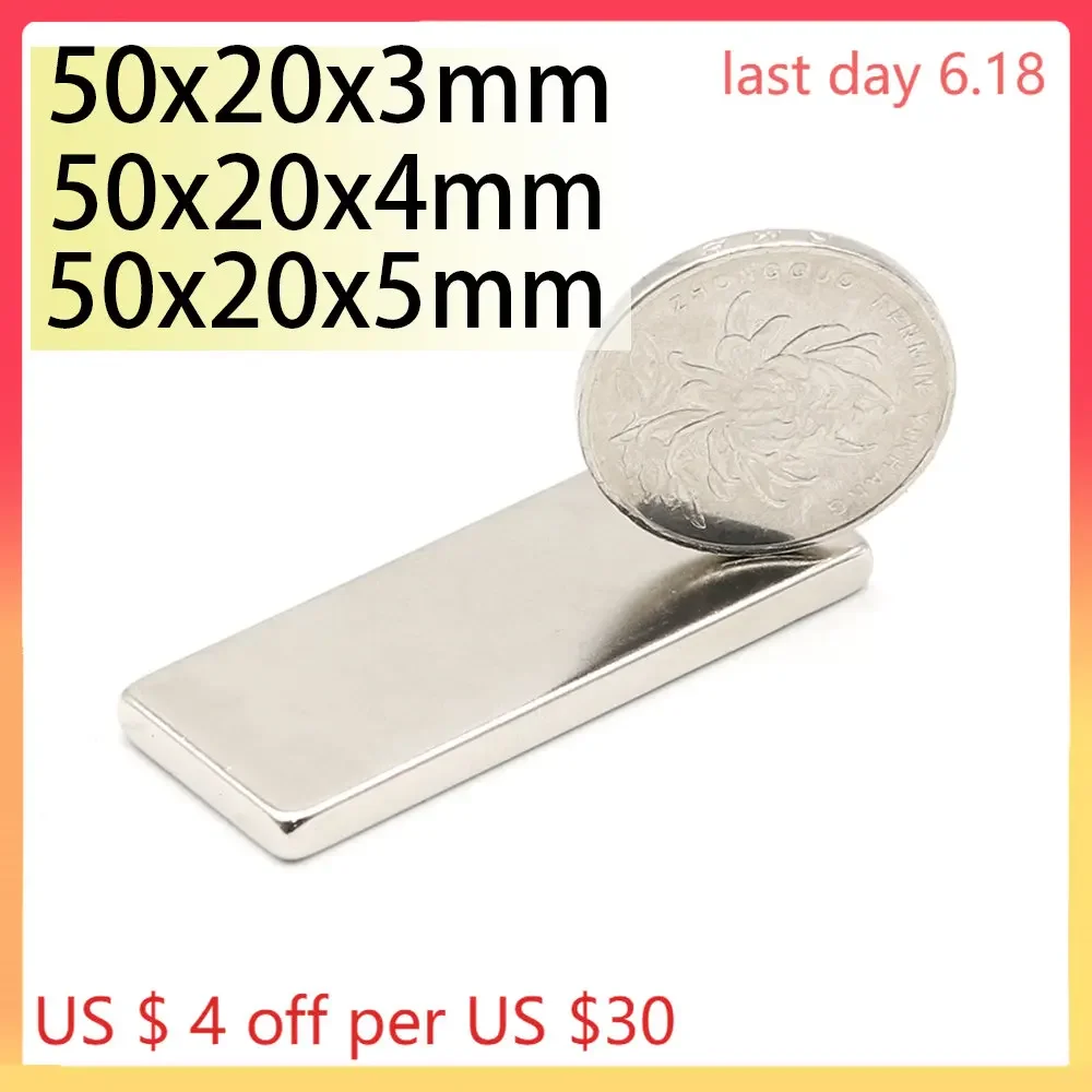 N35 50x20x3 50x20x4 50x20x5 Rectangle Neodymium Bar Block Strong Magnets Ebike Rare Earth Magnets for Fridge Family Search