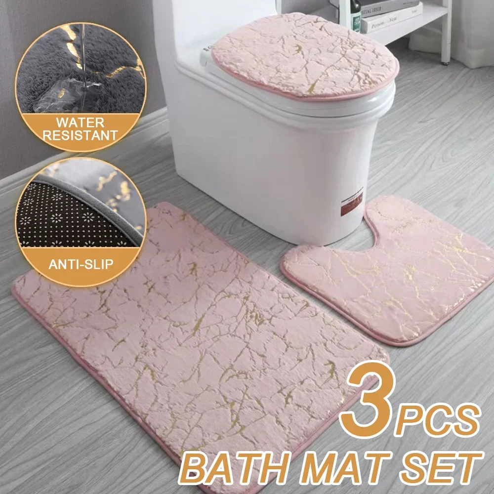 3PCS Non-slip Soft Bathroom Mat Toilet Cover Carpet Three-piece Polyester Soft Breathable Washable Reusable Bathroom Carpet Set