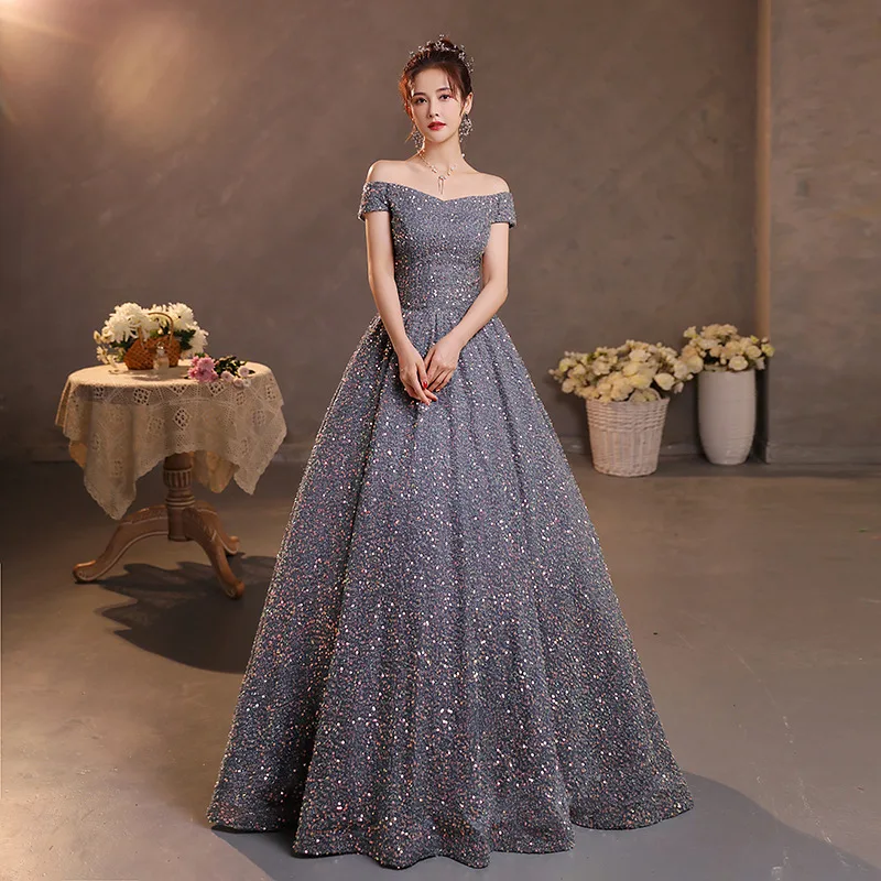 ワンショルダー学生声楽演奏ドレス、ソロ演奏ドレス、パフスカート、ロング星空ドレスウェディングドレス