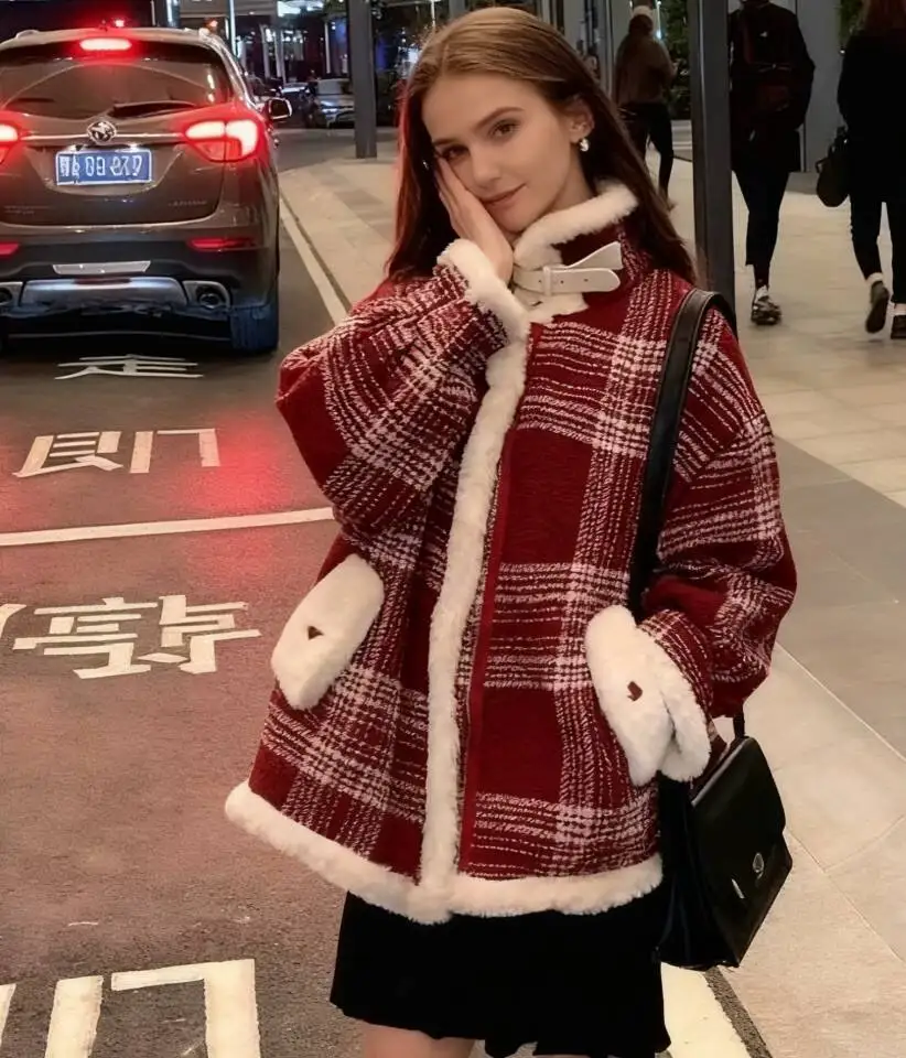 

Шерстяные пальто, женское шерстяное пальто с двойным воротником, осеннее твидовое двубортное пальто на пуговицах со съемным шнурком, укороченные двусторонние Ins