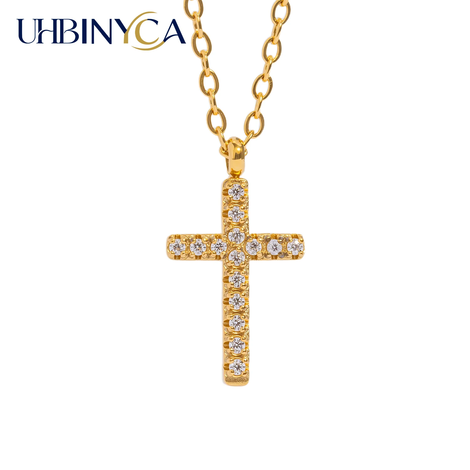 Zierliche Halskette mit kleinem Kreuz-Anhänger und Zirkonia, 18 Karat vergoldeter Edelstahl, zarter Alltagsschmuck, Geschenk für Frauen