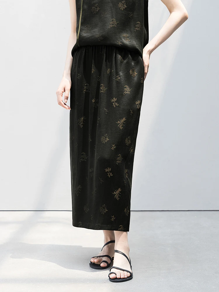 

Silk Blend Embroidered Mermaid Bamboo Cysanthemum Summer Thin Elastic Waist Skirt New Le Collection mid Waist Straight Skirt