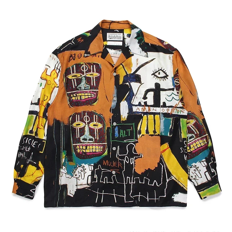 

WACKO MARIA Shirt TEE Black Graffiti Printing Polyester Button Lapel Hawaiian Thin Men Women Breathable Oversize Long Sleeve New