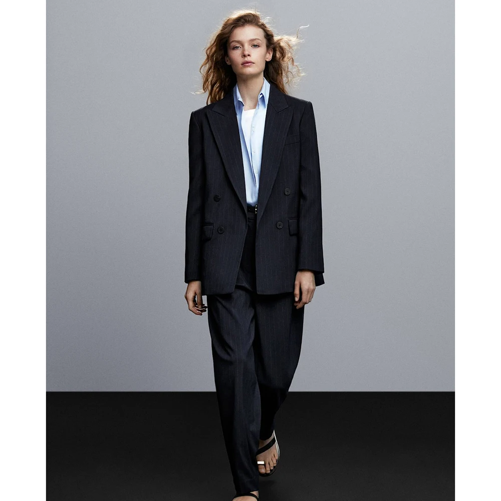 

Dark Navy Blue Women White Pinstripes pPeak Lapel Blazer &Wide-Leg Pant 2 Piece Set Double-Breasted Loose Office Casual Female