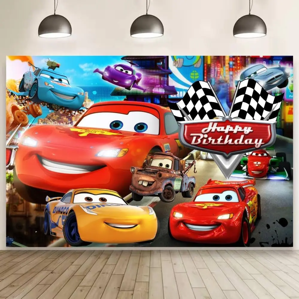 Auto-Geburtstagshintergrund, Lightning McQueen Rennwagen Happy Birthday Fotohintergrund-Banner, Kinder-Jungen-Rennwagen-Themenparty