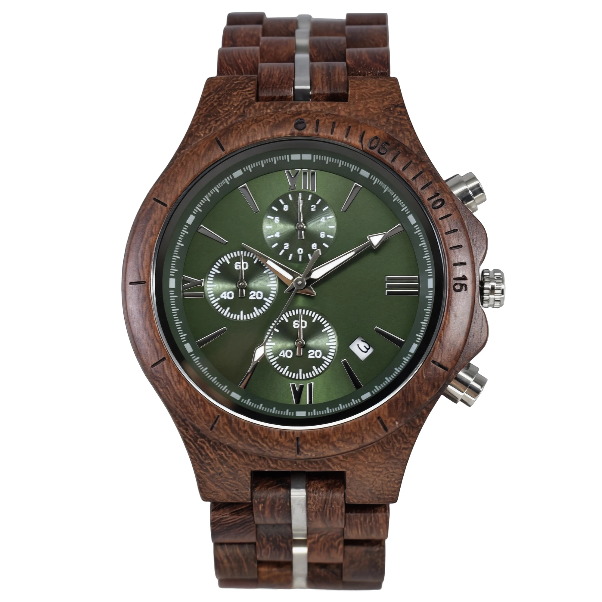 Large Dial Steel Mixed Wood Watch with Multifunction European Style Business Round Folding Clasp for Men Wristwatch
