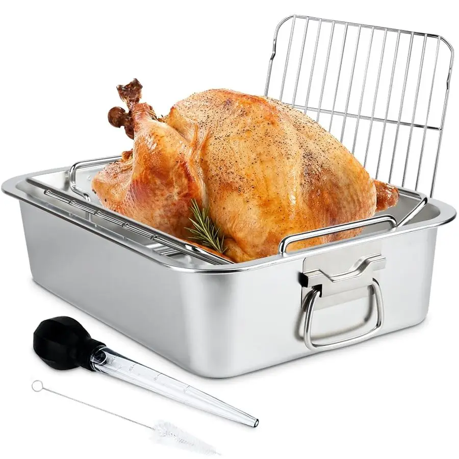 

Purpose Stainless Steel Turkey Roaster Roasting V Rack with Pan,15.611.64 inch Roasting Pan with 2 RackFlat Rack and Rib Rack fo