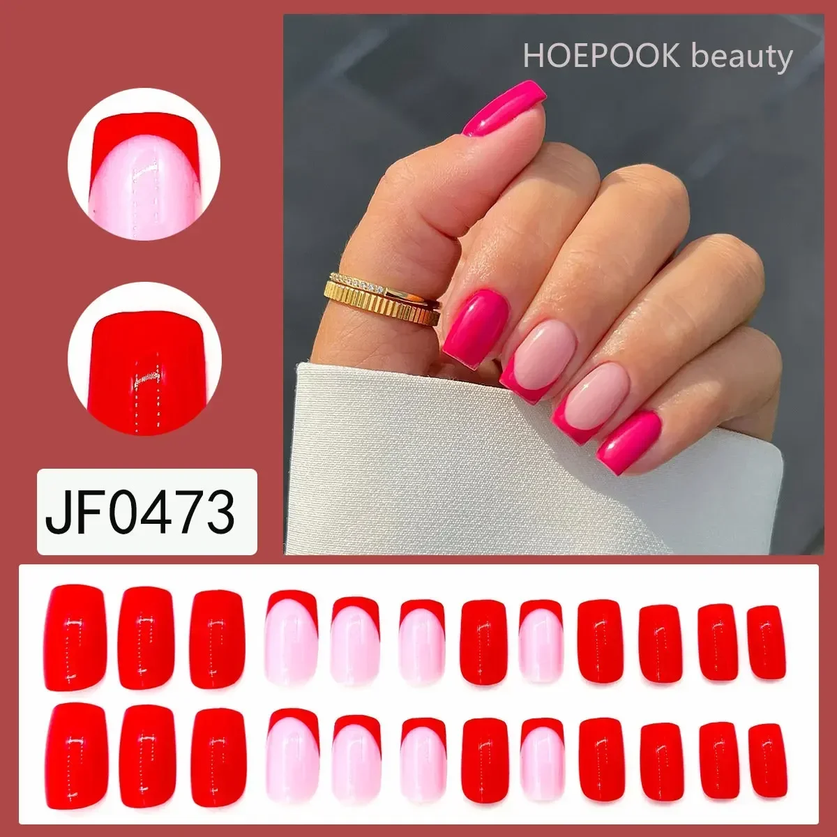 24pcs French Simple Cherry Red Seamless Removable Wearing Fake Nails Creative Line Art Full Coverage Waterproof Press On Nails