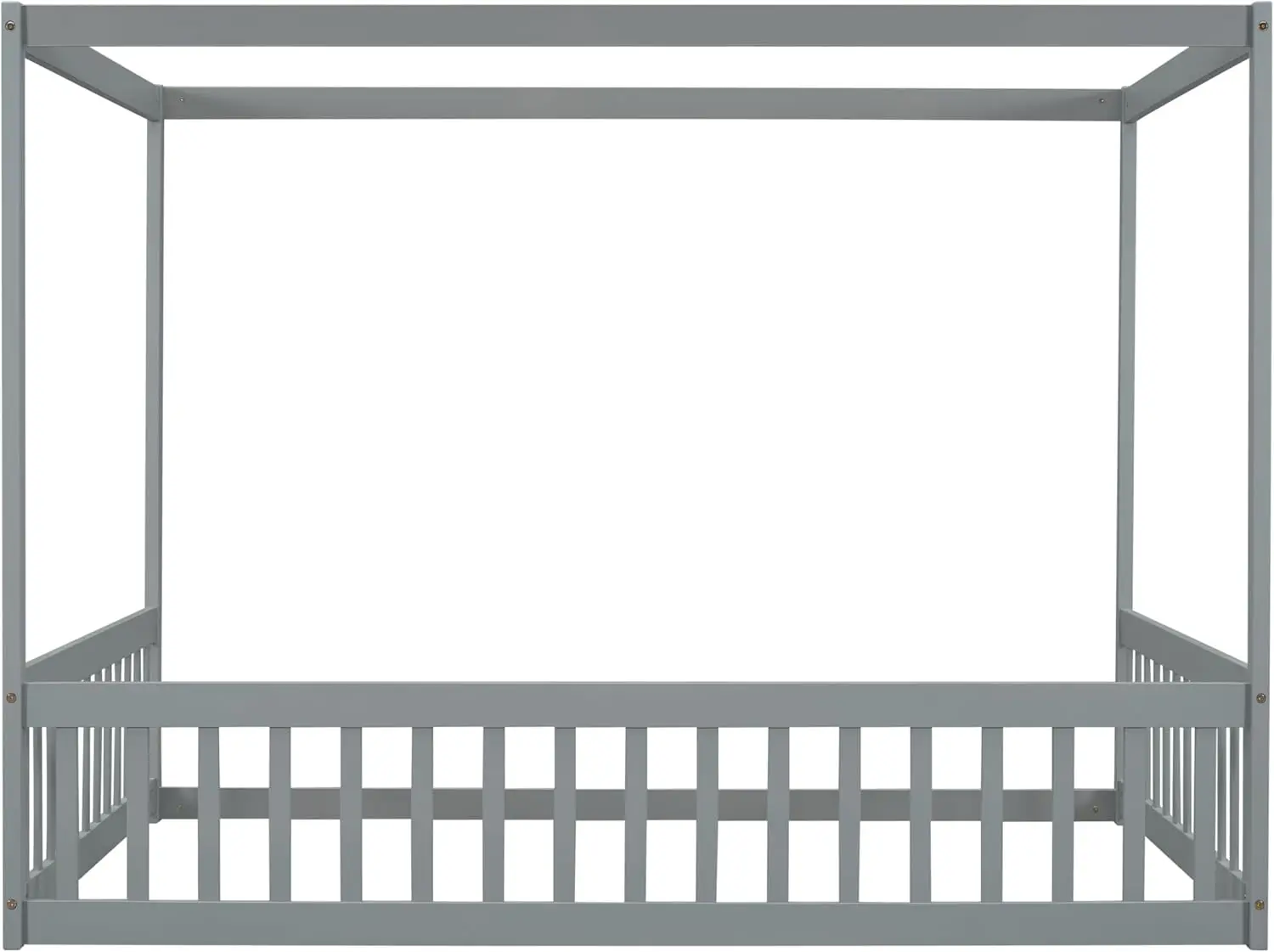 إطار سرير كامل الحجم مع درابزين، تصميم بأربعة ملصقات، سرير أرضية مونتيسوري للأطفال، خشب (كامل، رمادي)