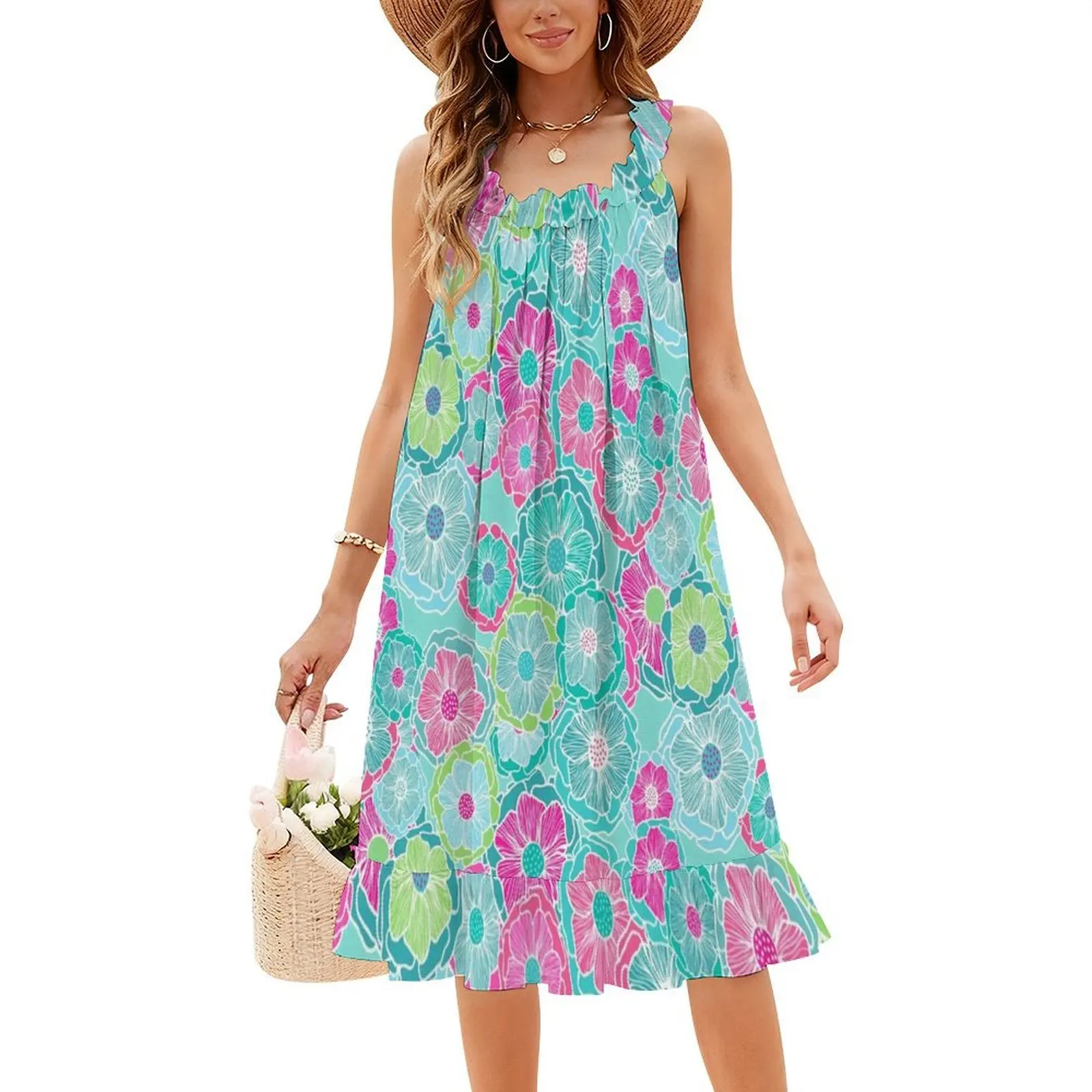 الخيال الأزهار في جريئة الألوان الاستوائية المرأة الشارع الشهير حزب اللباس العصرية طباعة نادي الملابس للإناث الوردي الأزرق الأصفر #4