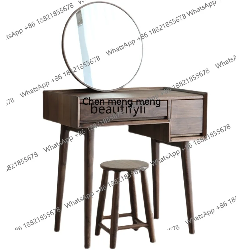 โต๊ะเครื่องแป้งไม้จริงสไตล์นอร์ดิกมินิมอลสีดำวอลนัท พร้อมตู้เก็บของในตัว