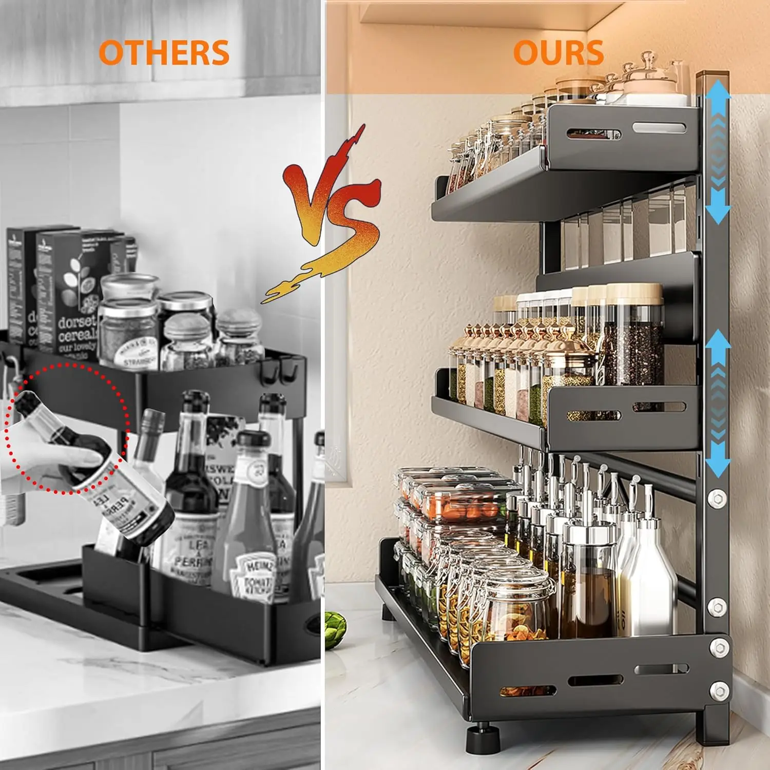 رف تخزين التوابل من 3 طبقات لتنظيم التوابل القابل للتعديل لخزانة المطبخ ورف معدني باللون الأسود