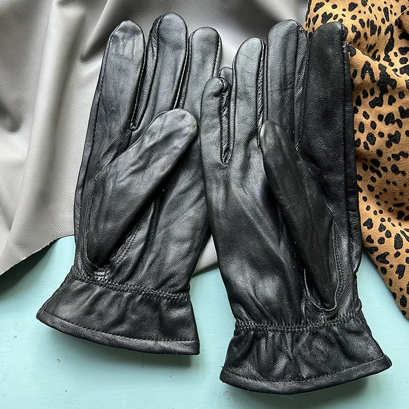 Men's glove XL Size Men's Winter Black Leather Gloves Driving Gloves Real Sheepskin Leather Warm Lining Gloves