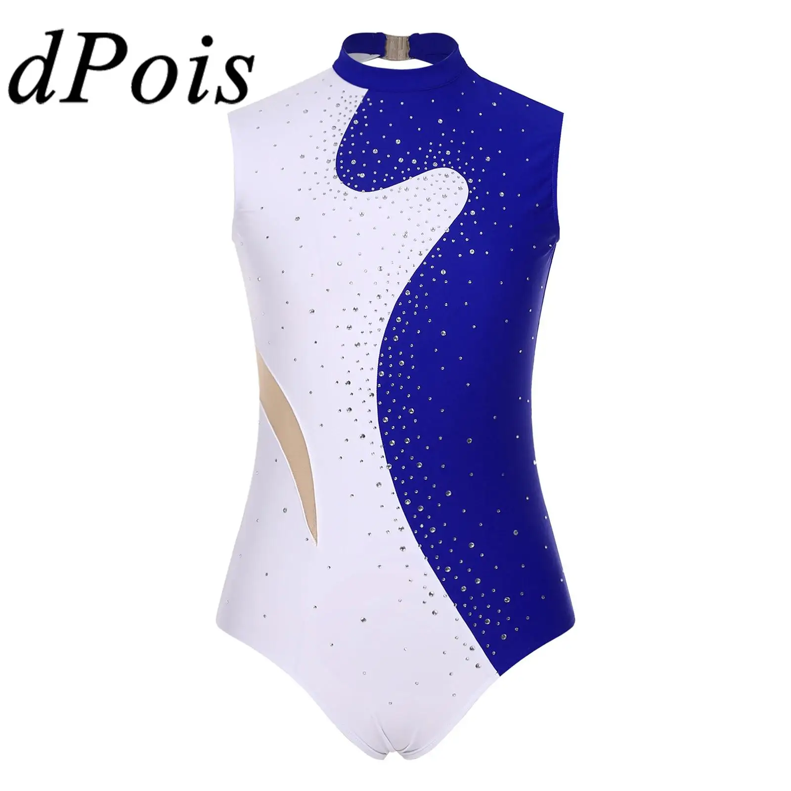 Womens kleurblok ballet dans turnpakje sprankelende strass mouwloze bodysuit voor kunstschaatsen ritmische gymnastiek jumpsuit