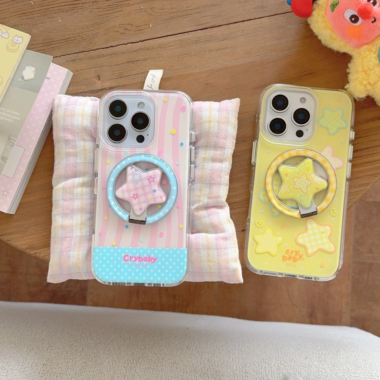 

Pink striped polka dot yellow background pentagram magnetic bracket magnetic suction round edge airbag double-sided IMD series