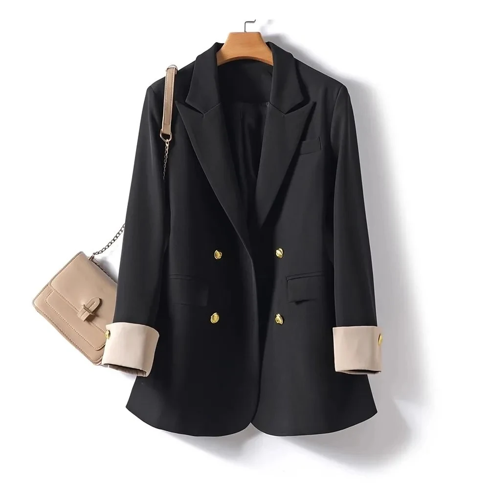 Black Suit Jacket Women's Clothing 2025 Spring Autumn New Double breasted Long sleeved Blazer Coat Female Loose Casual Tops