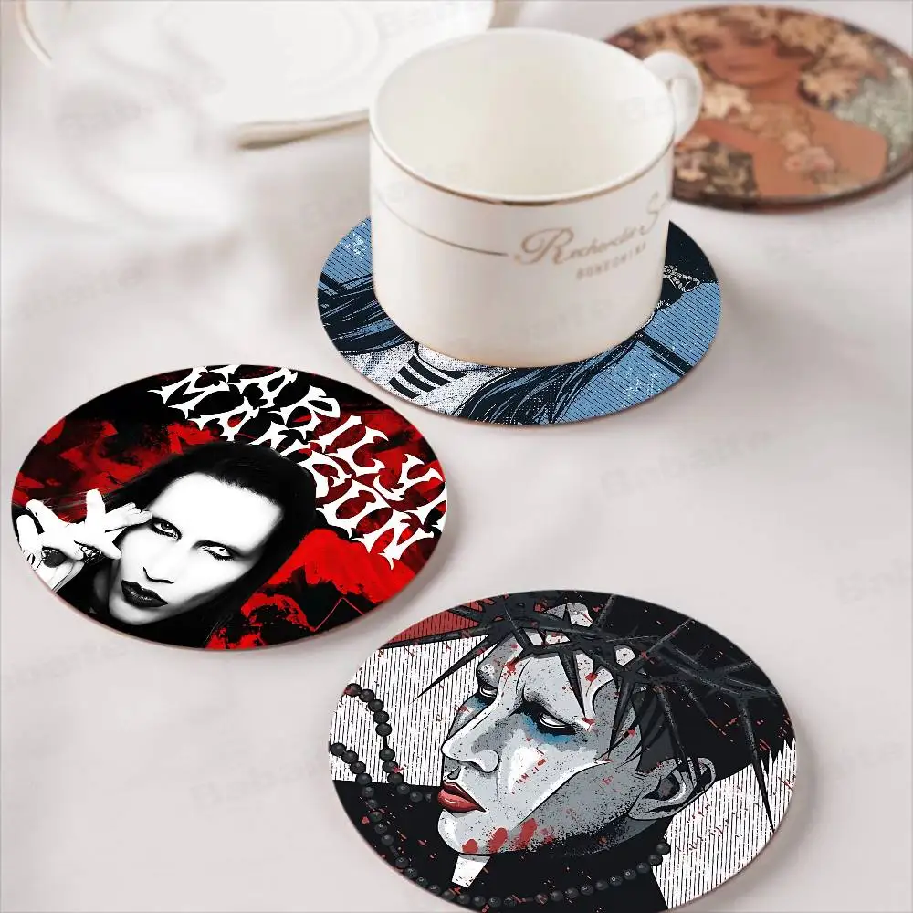 Industrial Rock Band Marilyn Manson Printed Coasters Suitable for Daily Family Party Decoration, Office, Non-Slip Wooden