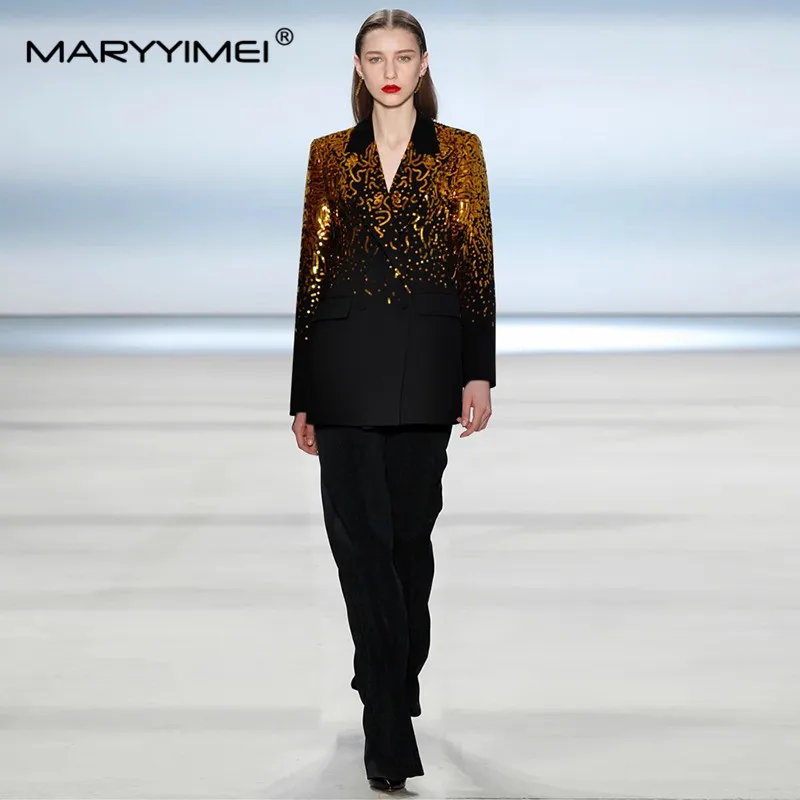 MARYYIMEI Fashion Design Women\'s Suit Polo-Neck Long Sleeved Double-breasted Sequins Tops+Straight leg pants Black 2 piece set