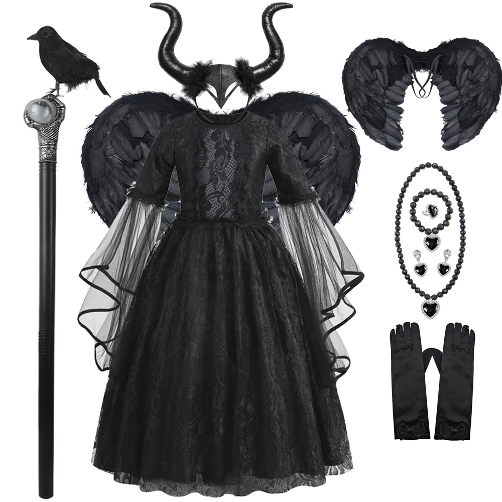 Maleficent Costume Kids Girls Dress Long Sleeve Black Lace Gown Halloween Party Evil Role Playing Costume Carnival Frocks