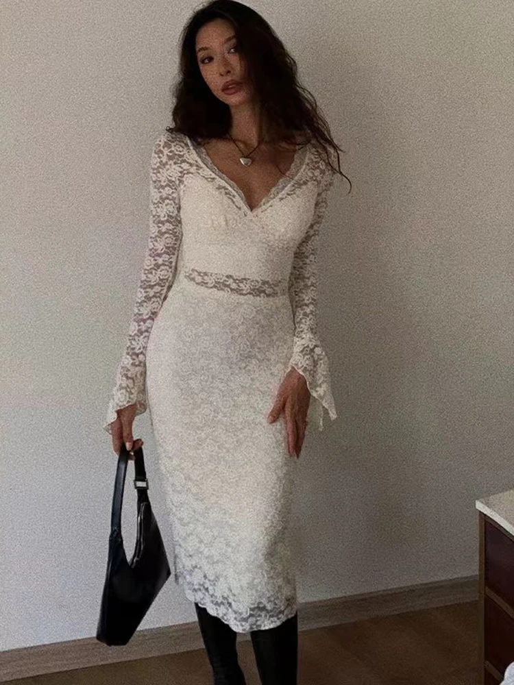 

JULISSA MO Sexy See Through Lace Women 3 Piece Sets White V-neck Long Sleeve Dress Sets Winter Slim Elegant Party Evening Dress