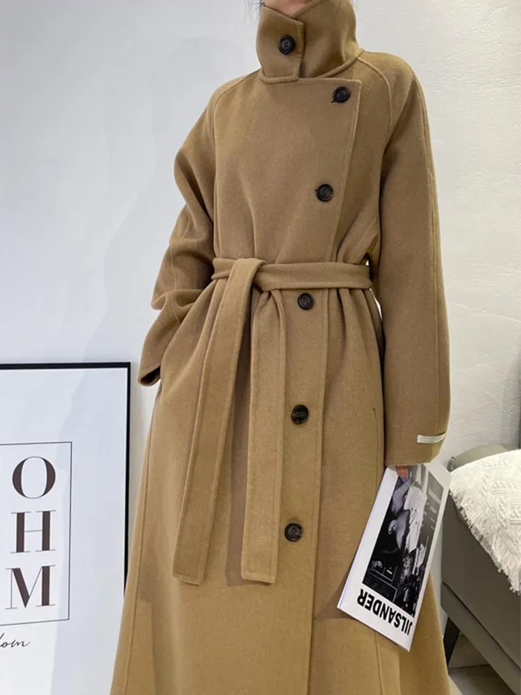 

Новое двустороннее пальто ручной работы из 100% шерсти, женское свободное однобортное шерстяное пальто с длинным воротником-стойкой на шнуровке, осень-зима