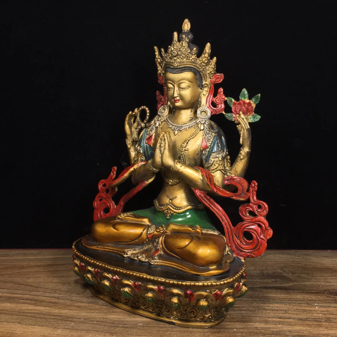 Imitating antique metal Buddha statues Pure copper painted four armed Guanyin Length 16cm, width 9.5cm, height 21cm, weight 1020