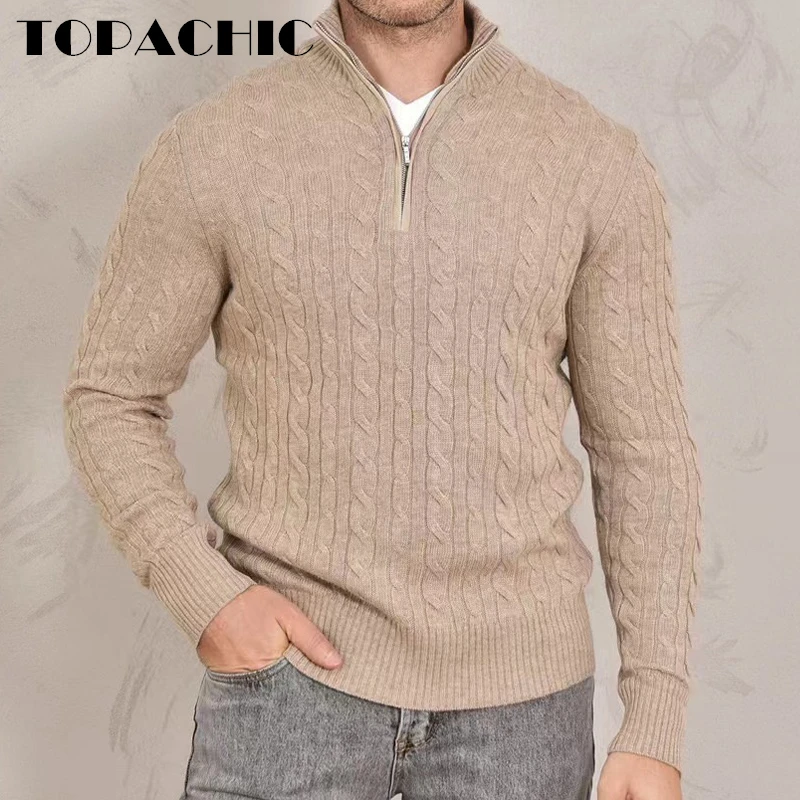 10.9 TOPACHIC Mock Neck Half Zipper Twist Knitted Cashmere Casual Pullover Men\'s Sweater