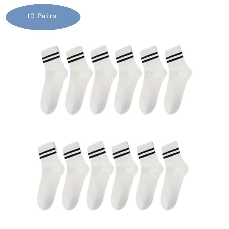 1/6/12 Pairs الرجال النساء الجوارب عالية الجودة بسيطة عادية أسود أبيض جوارب مخططة تنفس منتصف أنبوب جورب كرة السلة سباق جورب