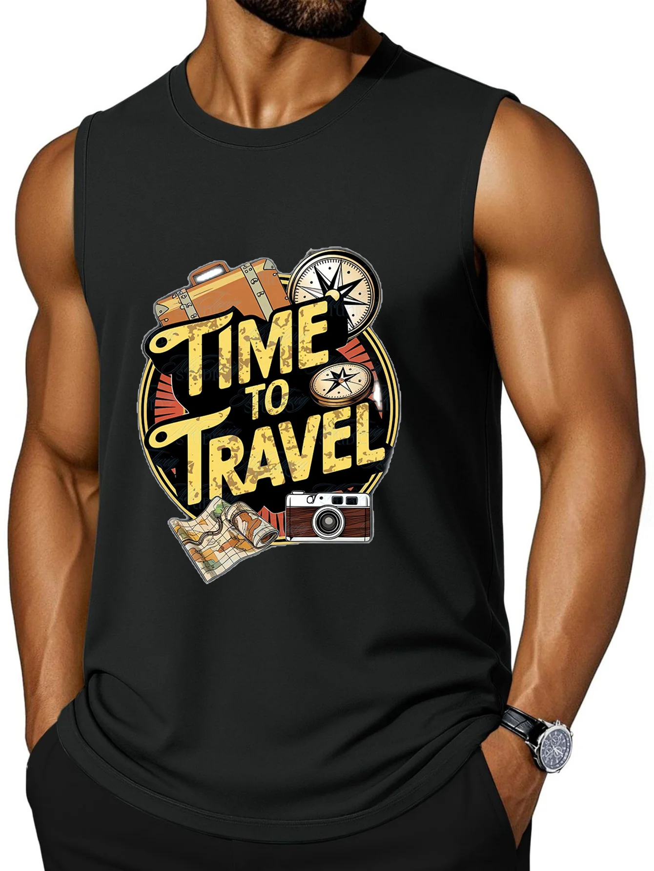 CLOOCL TIME TO TEAVEL Printed Vest Fashion Sports Vests Summer Men's Sleeveless T-Shirt Casual Top