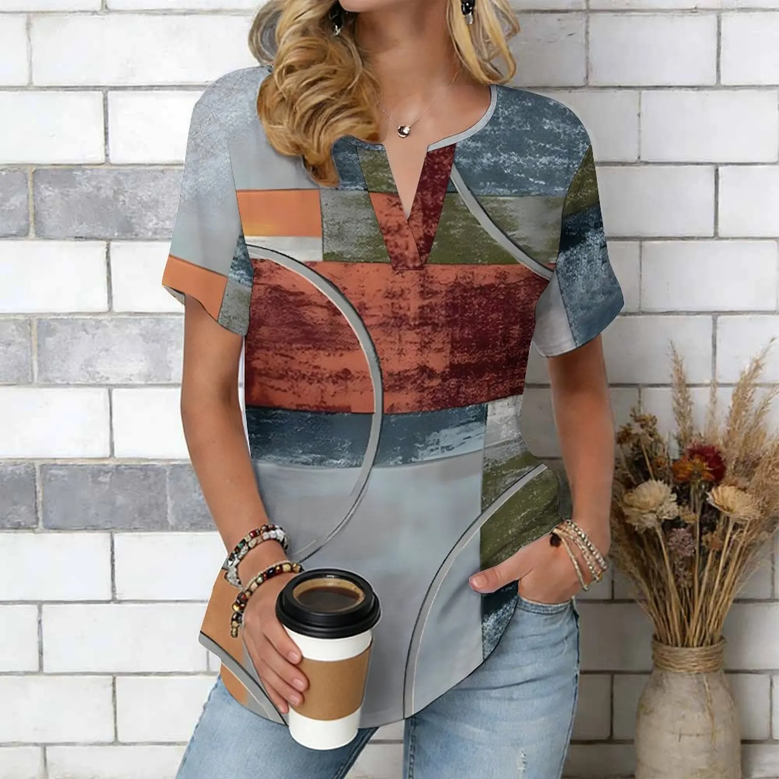 Women Print Notched V Neck Short Sleeve Casual Loose Tunic Tops