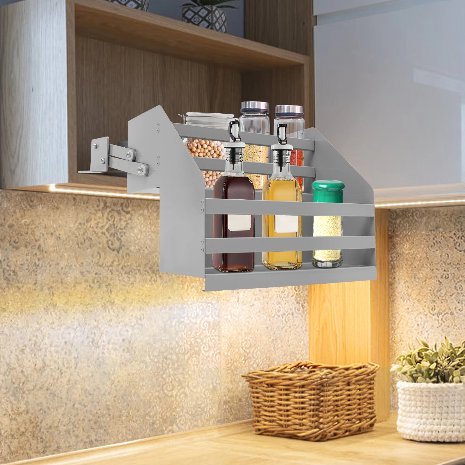 

2-Tier 15" Pull Down Shelf for Upper Cabinets Kitchen Organizer Rack for Spices, Cans & Dishes, 22lbs Max. Load Capacity