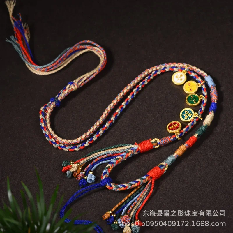 Hand-Woven Tibetan Style Pendant Rope Five Gods of Wealth Thangka Necklace Rope Tibet Beads Pendant Rope Hand Rub Cotton Clavicl