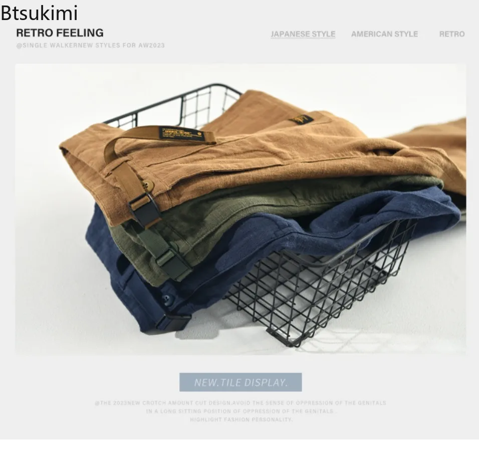 2025 Men's Solid Color Vintage Cargo Pants Spring Summer New Breathable Cotton Linen Casual Trousers Male Streetwear Baggy Pants