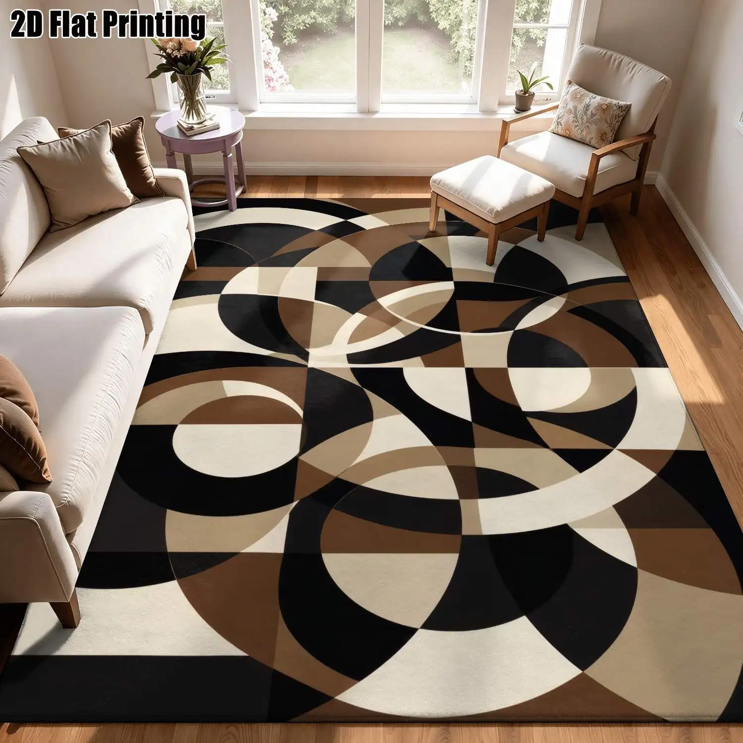 1Pc 2D Printed Carpet: Black & Brown Geometric Abstract Patterns, Nordic/Modern Minimalist/Vintage Striped Style Machine Washable, Multi-Size, Ideal for Home Decor, Entryway, Dining Room, Foyer, Living Room & Bedroom.