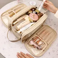 Bolsa de maquillaje multifuncional de cuero PU para mujer, bolsa de almacenamiento portátil de gran capacidad con doble cremallera para brochas de maquillaje, artículos de tocador