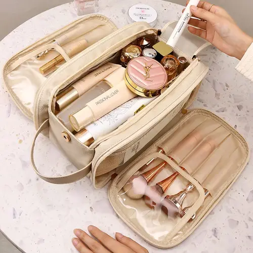Imagen 1 del producto Bolsa de maquillaje multifuncional de cuero PU para mujer, bolsa de almacenamiento portátil de gran capacidad con doble cremallera para brochas de maquillaje, artículos de tocador