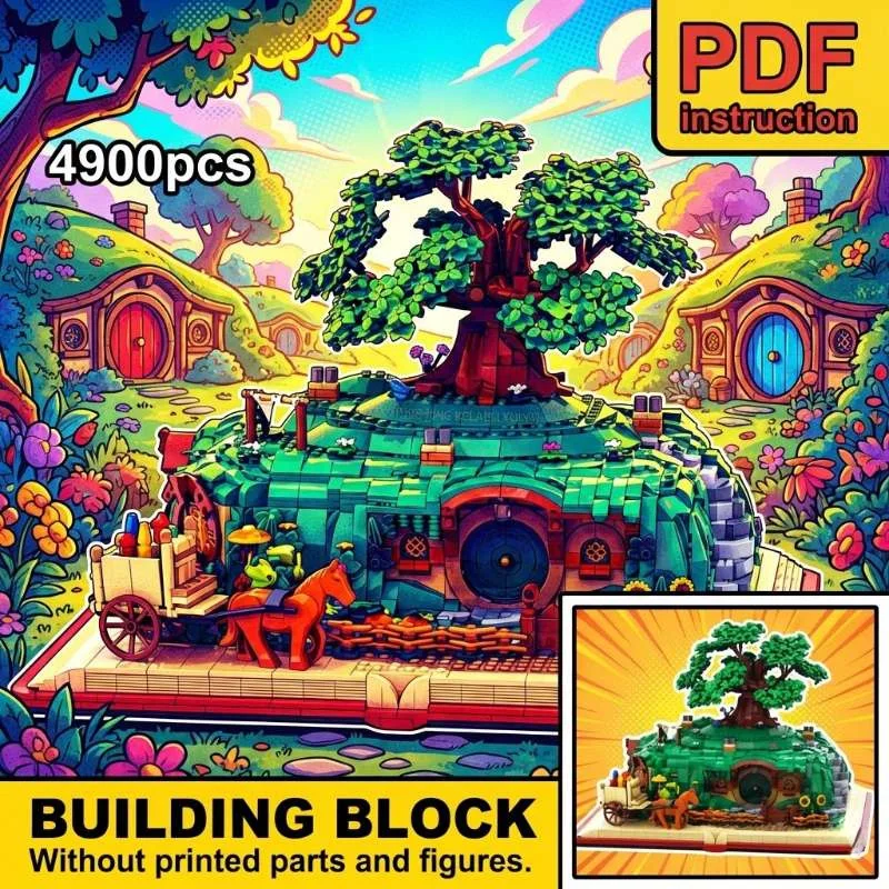 

Фантастический домик-халфлинг с круглой дверью на зеленой холмистой равнине, модель из блоков MOC