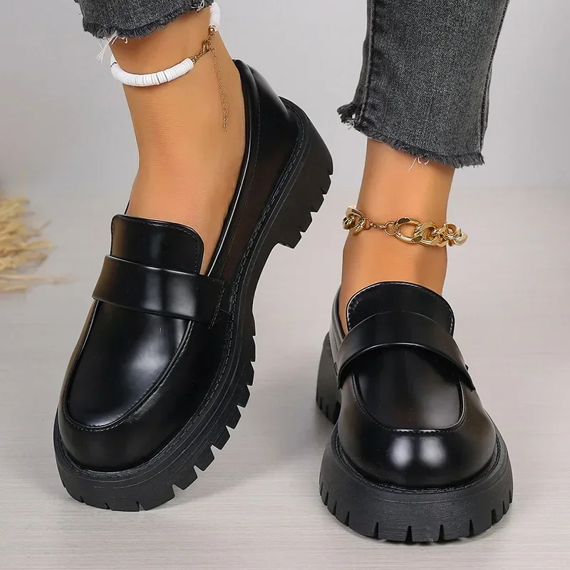 British Style Platform Loafers Women 2024 Plus Size Round Toe Single Shoes Woman Thick Bottom Pu Leather Shoes