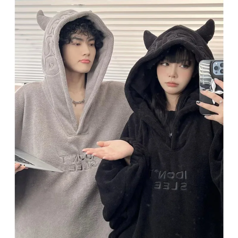 Cute Devil Wing Hooded Plush Pajamas Women Winter Thickened New In Home Sleepwear Long Robe Kawaii Oversize Pijamas Nightgown